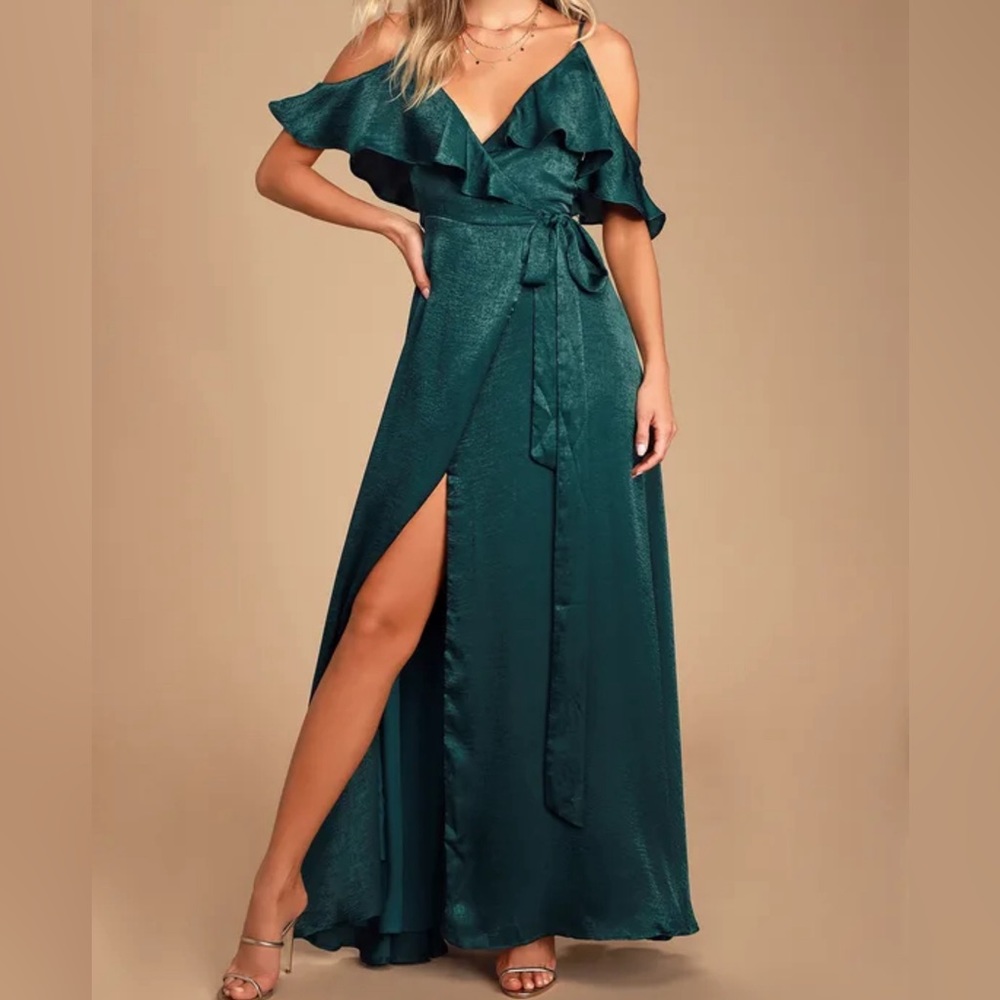 Lulus moriah emeral green satin wrap dress